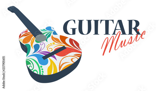 Musical logo. Silhouette of a guitar made from floral pattern. Bright juicy colors. The concept of classical music. Beautiful swirls. Spanish musical instrument. Flamenco.