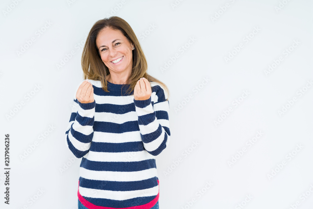 Beautiful middle age woman wearing navy sweater over isolated background Doing money gesture with hand, asking for salary payment, millionaire business Beautiful middle age woman wearing navy sweater over isolated background Doing money gesture with hand, asking for salary payment, millionaire business