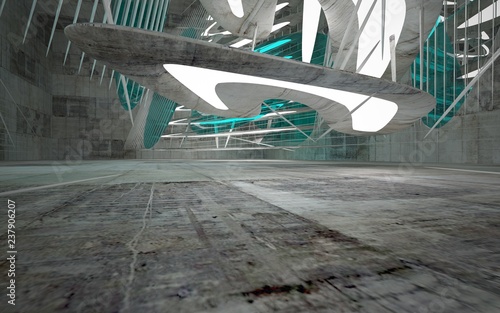 Empty dark abstract glass turquoise and concrete smooth interior. Night view of the illuminated. Architectural background. 3D illustration and rendering