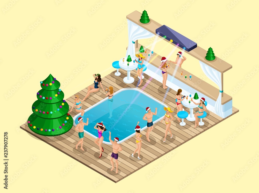 Isometry New Year party on the beach, 3D girls dance, disco, Ibiza, disco in the hotel at the pool, holiday christmas decorated Christmas tree