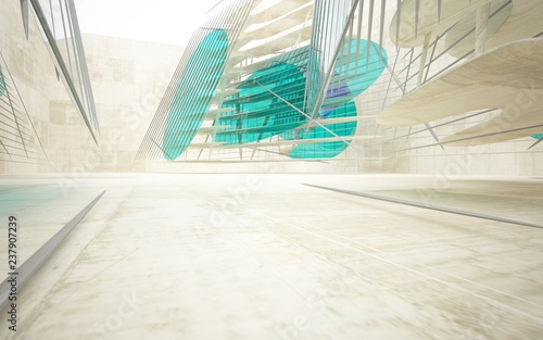 Empty dark abstract glass turquoise and concrete smooth interior. Architectural background. 3D illustration and rendering