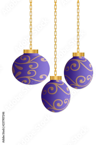 christmas tree balls  with shiny gold chains isolated on white background