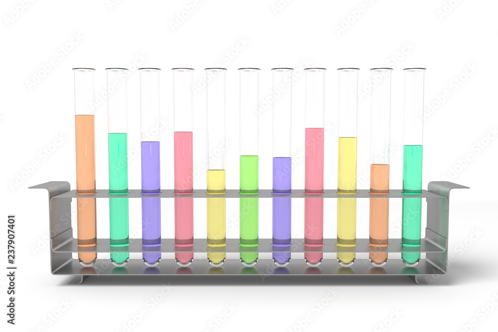3d rendering of laboratory test tubes set with colored liquids isolated on white background 3d rendering of laboratory test tubes set with colored liquids isolated on white background