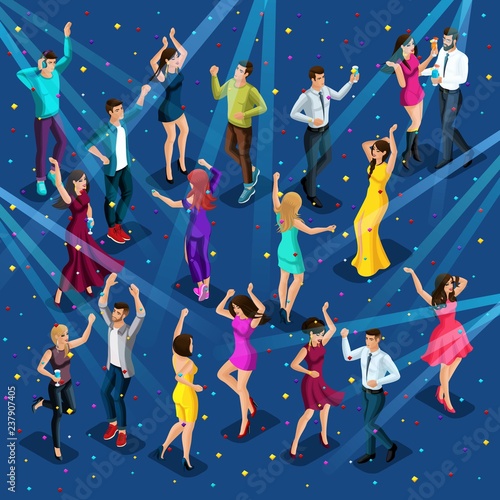 Quality Isometry, 3D girl of a man at a party, disco, corporate party, night club, young beautiful people dancing