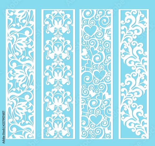 Ornamental panels with floral pattern. Flowers and leaves. Laser cut decorative lace borders patterns.