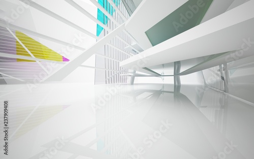 abstract architectural interior with white sculpture and geometric glass lines. 3D illustration and rendering