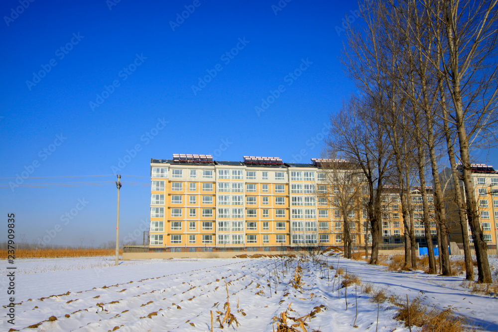 Urban landscape, buildings in the snow