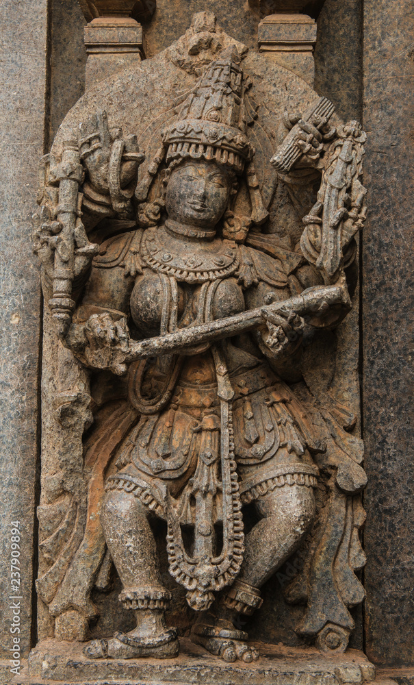 Artistic stone sculptures and Carvings of Hindu Goddesses and Goda at Somanathapura temple in Karnataka, India