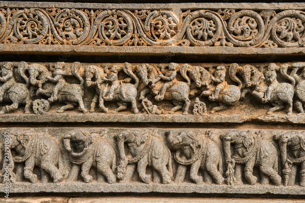 Artistic stone sculptures and Carvings of Hindu Goddesses and Goda at Somanathapura temple in Karnataka, India