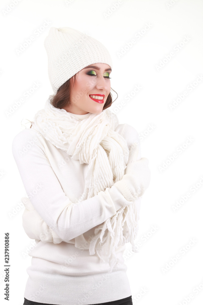 attractive young smiling stylish woman in pink sweater, feeling comfortable, casual style, posing on white studio background, isolated, winter fashion trend attractive young smiling stylish woman in pink sweater, feeling comfortable, casual style, posing on white studio background, isolated, winter fashion trend