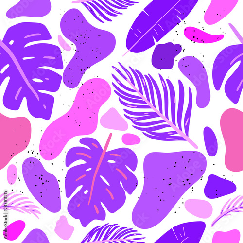 Modern seamless pattern with tropical leaves and abstract elements in trendy colors. Abstract brush stroke background. Template for print, postcards, poster, party, summer background, fabric. Vector.