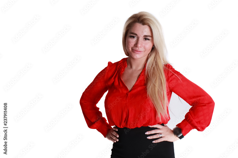 Young girl in a red sweater hands on hips. Young girl in a red sweater hands on hips.