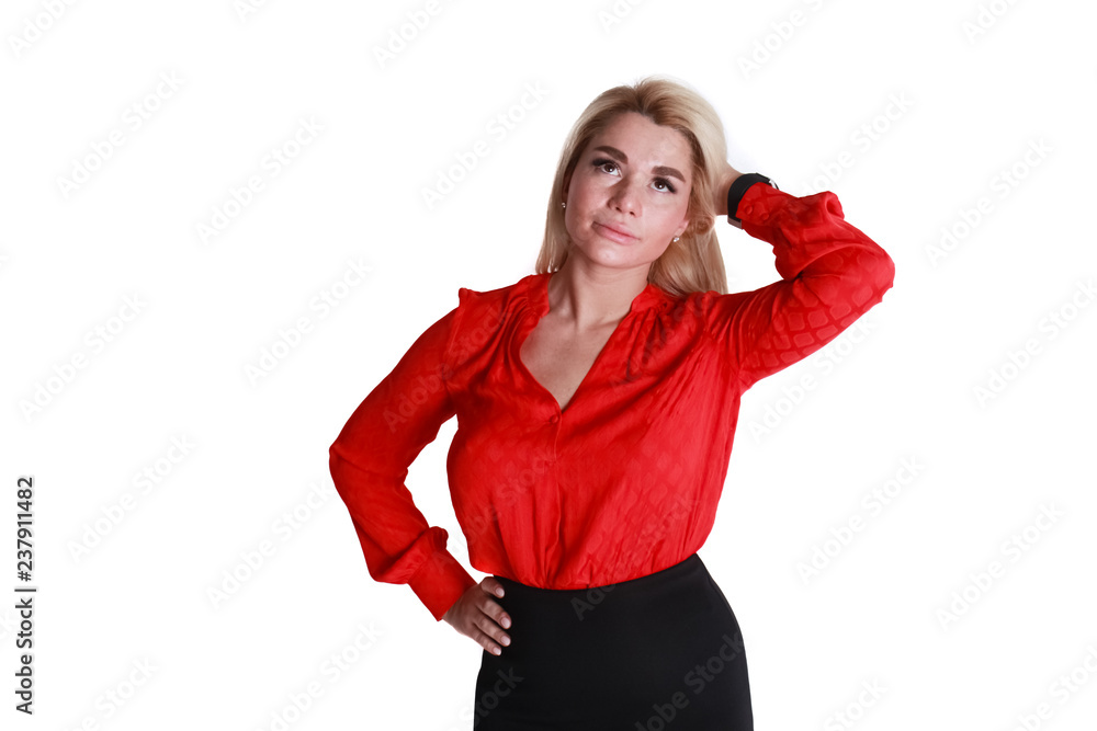 A girl in a red sweater, her right hand on her hip, left, takes her head. A girl in a red sweater, her right hand on her hip, left, takes her head.