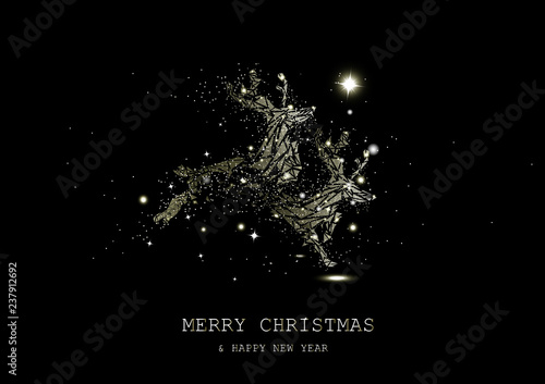 Merry Christmas, Golden glowing reindeer fantasy miracle, confetti stars sparkle, animals guardian luxury background seasonal holiday vector illustration