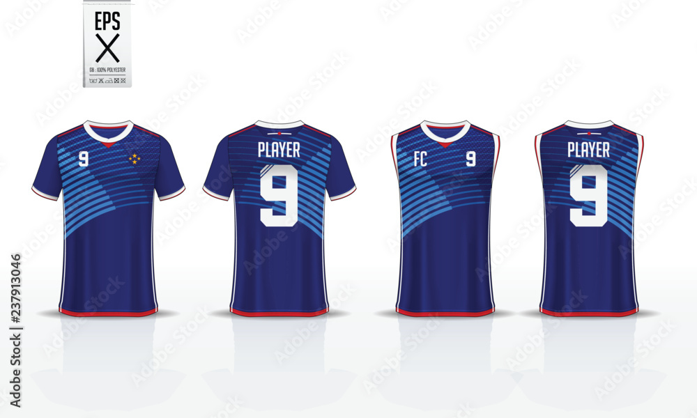 Fototapeta premium Blue stripe pattern t-shirt sport template design for soccer jersey, football kit and tank top for basketball jersey. Sport uniform in front and back view. Sport shirt mock up for sport club. Vector.