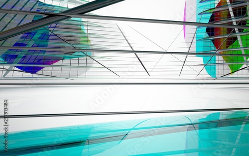 abstract architectural white interior with colored smooth glass gradient sculpture. 3D illustration and rendering