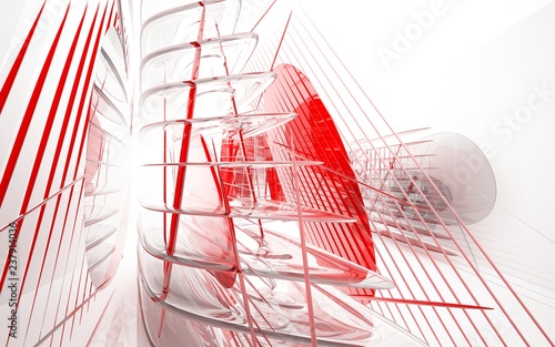 Abstract dynamic interior with red glass smooth objects. 3D illustration and rendering