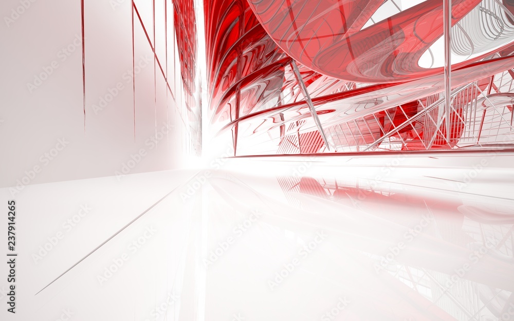 Abstract dynamic interior with red glass smooth  objects. 3D illustration and rendering - obrazy, fototapety, plakaty 