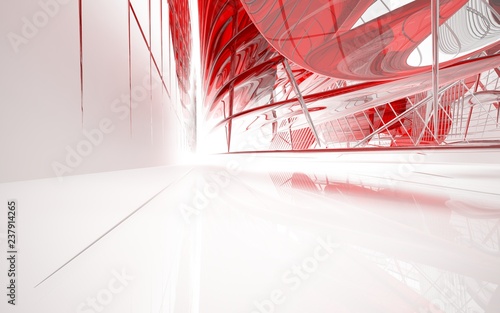 Obraz na płótnie Abstract dynamic interior with red glass smooth objects. 3D illustration and rendering w salonie