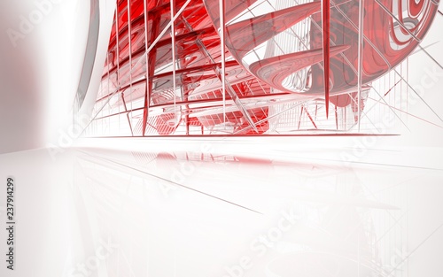 Abstract dynamic interior with red glass smooth  objects. 3D illustration and rendering