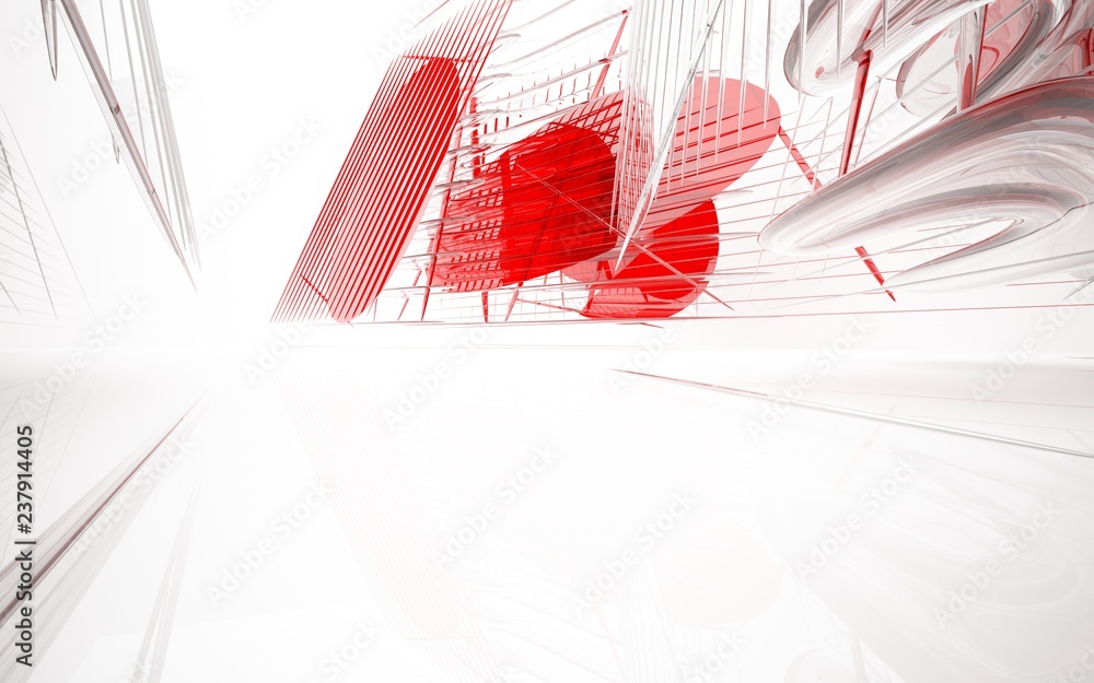 Naklejka premium Abstract dynamic interior with red glass smooth objects. 3D illustration and rendering
