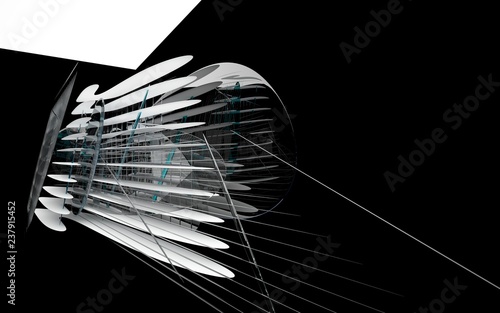 Abstract dynamic interior with white smooth objects and blue glass in black room . 3D illustration and rendering