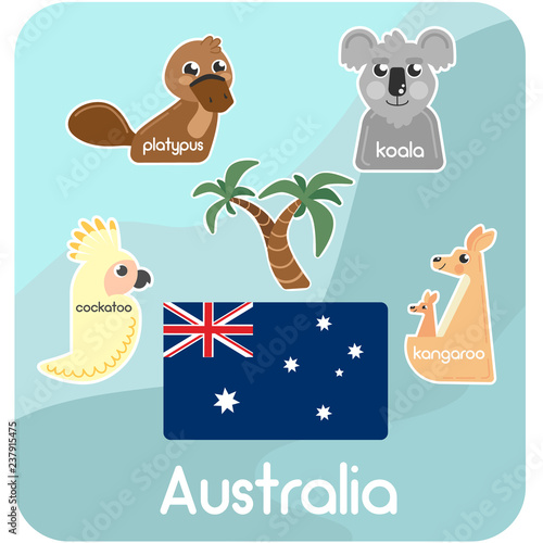 On a blue background stickers in the form of a koala parrot kakadu kangaroo and a platypus palm tree and a flag of Australia with signatures animals of Australia