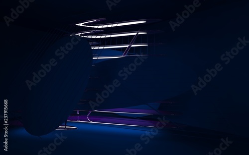 Abstract interior of the future in a minimalist style witht blue sculpture. Night view from the backligh. Architectural background. 3D illustration and rendering photo