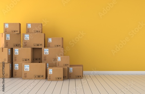 Moving boxes  empty room in front of a yellow wall 3D Rendering © abdulkadir