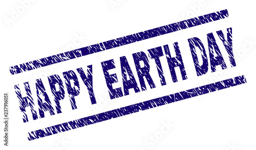 HAPPY EARTH DAY seal print with grunge style. Blue vector rubber print of HAPPY EARTH DAY title with unclean texture. Text title is placed between parallel lines.