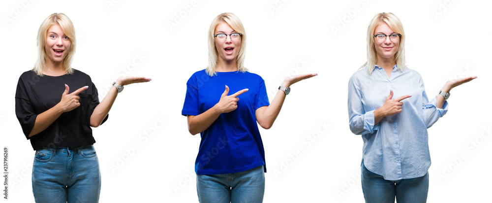 Collage of beautiful blonde woman over isolated background amazed and smiling to the camera while presenting with hand and pointing with finger.