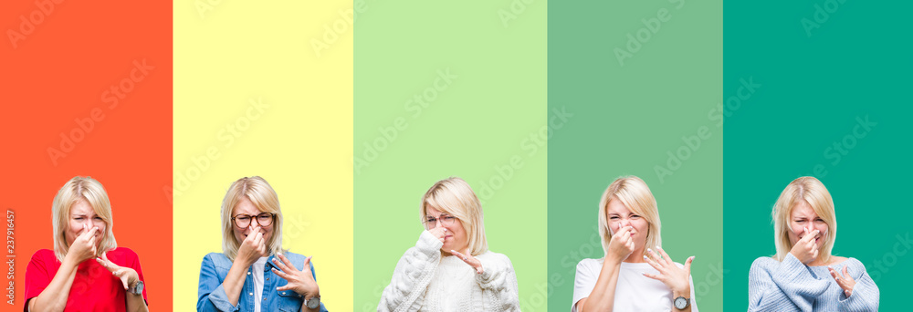 Obraz premium Collage of beautiful blonde woman over vivid vintage isolated background smelling something stinky and disgusting, intolerable smell, holding breath with fingers on nose. Bad smells concept.