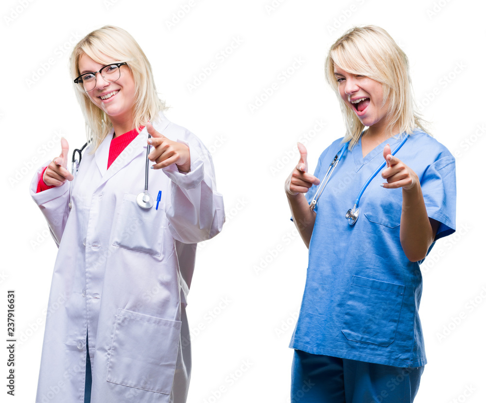 Collage of doctor and nurse woman over white isolated background pointing fingers to camera with happy and funny face. Good energy and vibes. Collage of doctor and nurse woman over white isolated background pointing fingers to camera with happy and funny face. Good energy and vibes.