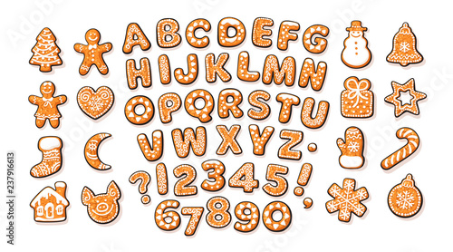 Christmas and New Year gingerbread alphabet and cute traditional holiday cookies. Sugar coated letters and numbers. Cartoon hand drawn vector illustration.