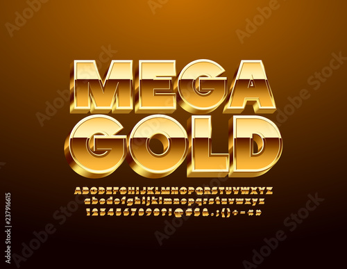 Vector luxury Mega Gold Font. Elegant set of 3D Alphabet Letters, Numbers and Symbols.