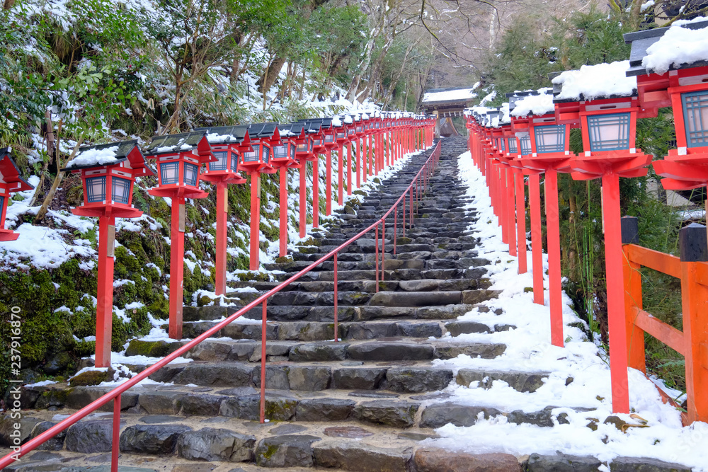 The lantern-lined steps in winter snow at Kibune The lantern-lined steps in winter snow at Kibune