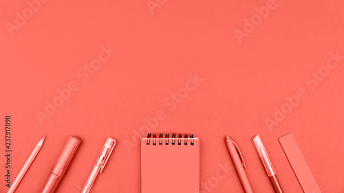 Trendy living coral color of year 2019 stationery flat lays photo