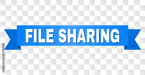 FILE SHARING text on a ribbon. Designed with white caption and blue stripe. Vector banner with FILE SHARING tag on a transparent background.