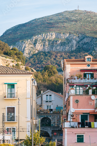 Houses and distant mountains in Vietri Sul Mare, Italy