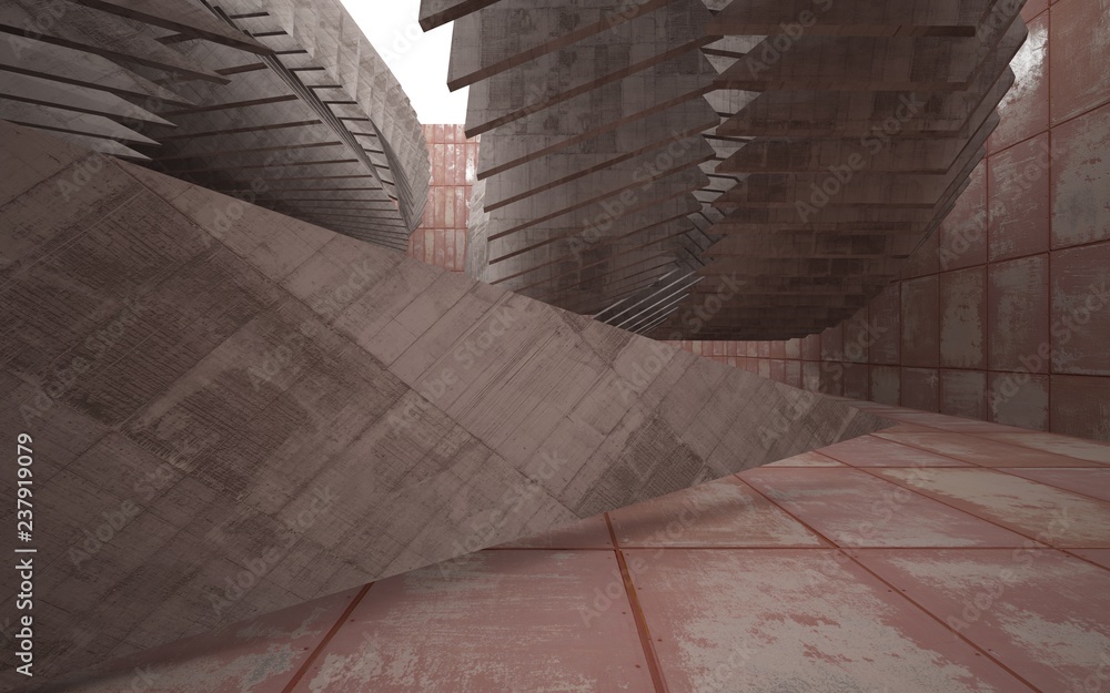 Obraz premium Empty abstract room interior of sheets rusted metal and brown concrete. Architectural background. 3D illustration and rendering