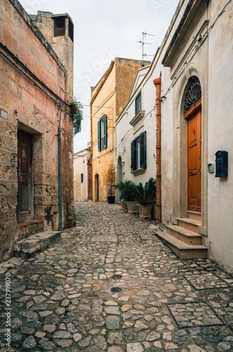 A cobblestone street, in Matera, Basilicata, Italy