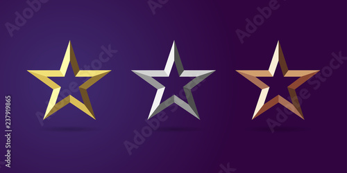 Stars shape logotype set. Isolated elegant abstract nominee emblem #1 #2 #3 place 3d symbols. Luxurious congratulating framed template. Celebrating decorative ceremony greetings, metallic label design