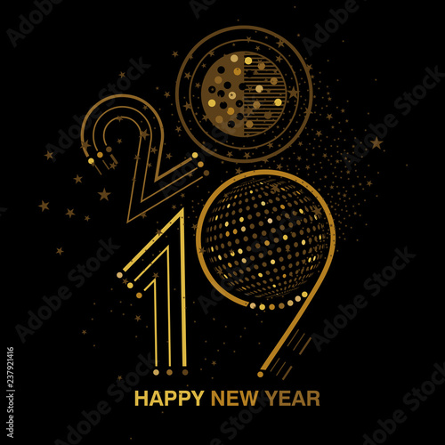 Black and gold 2019 New Year bling design with disco ball and sparkles