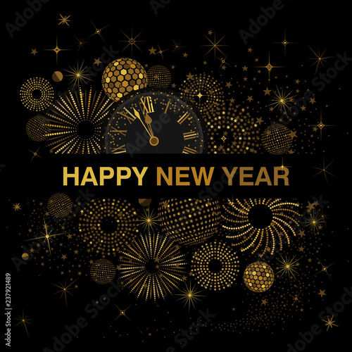 Gold Clock indicating countdown to 12 O' Clock 2019 New Year's Eve on a black background