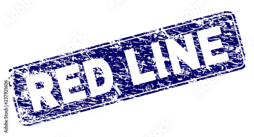 RED LINE stamp seal print with distress style. Seal shape is a rounded rectangle with frame. Blue vector rubber print of RED LINE caption with unclean style.