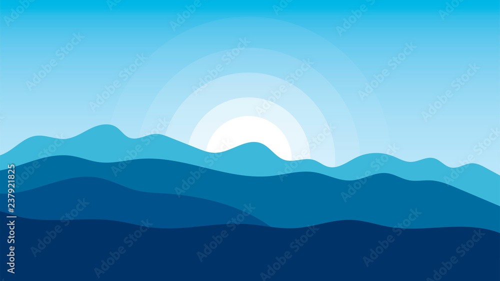 Landscape vector illustrations with hills, mountains, sky and sun.