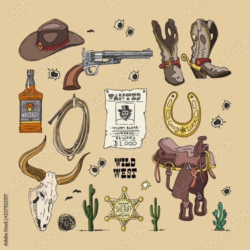 Vector sketch drawing color illustration of wild West cowboys symbols: revolver, hat, boots with spurs, horseshoe, whiskey, lasso, saddle, hunt for wanted, buffalo skull, sheriff star and tumbleweed.