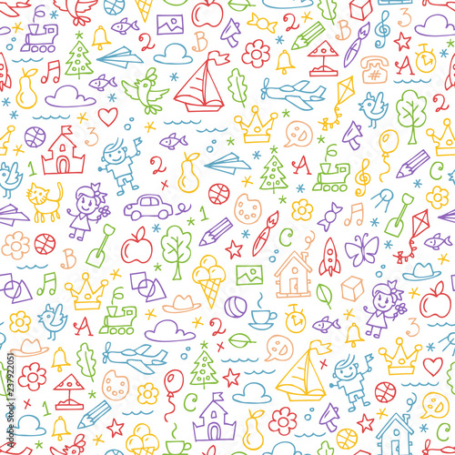 Vector children drawing sketch color outline doodles seamless background with kids hand drawn painting cartoon colorful elements and symbols for kindergarten and preschool pattern.