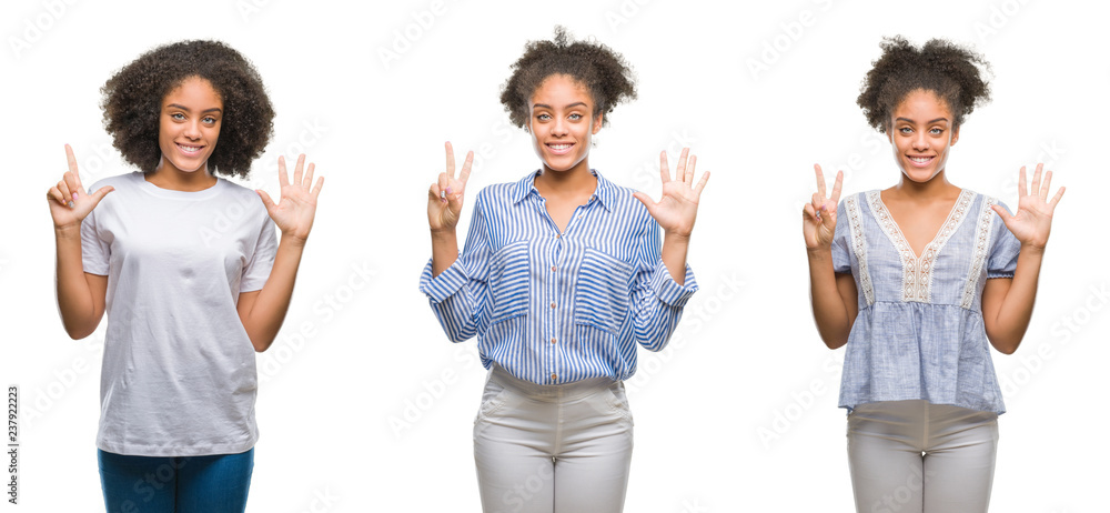 Obraz premium Collage of african american woman over isolated background showing and pointing up with fingers number seven while smiling confident and happy.