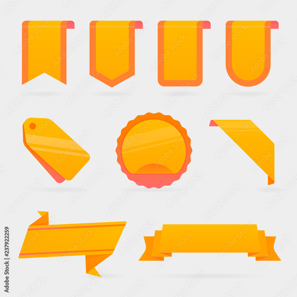 Set of orange banners. Ribbons and round sticker. Paper scrolls. Vector illustration. Set of orange banners. Ribbons and round sticker. Paper scrolls. Vector illustration.
